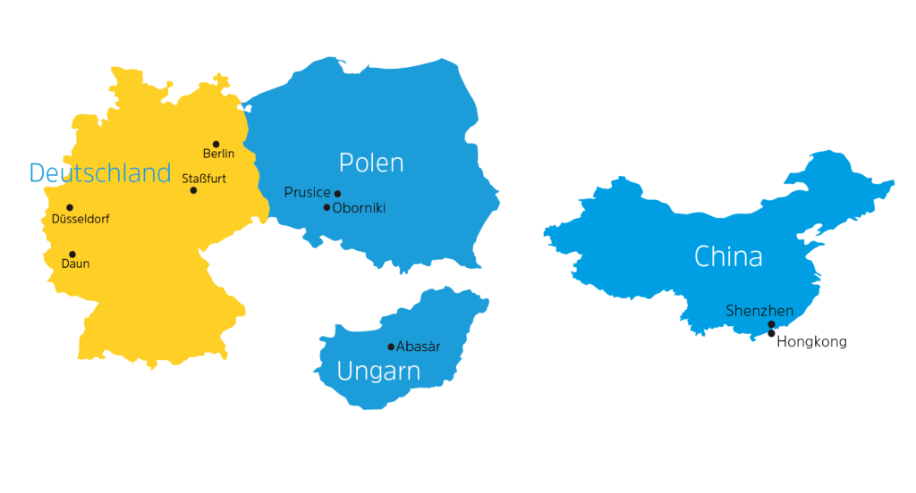 Länderkarte, welche die Produktionsstandorte in Deutschland, Polen, Ungarn und China anzeigt