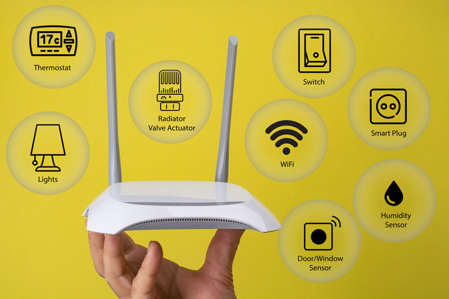 Bild zeigt einen WLAN-Router, der als zentrale Steuereinheit für verschiedene Smart-Home-Geräte dient, welche über Funktechnologie (WiFi) verbunden sind.