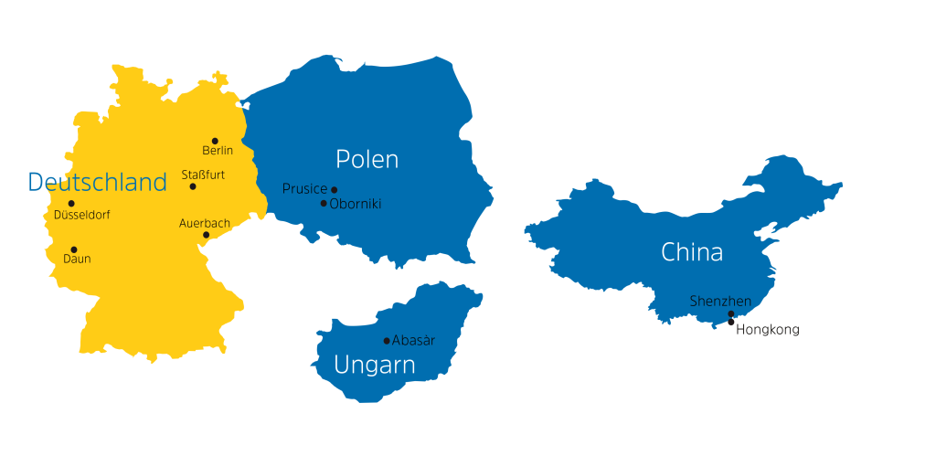 Karte zeigt Produktionsstandorte in. Deutschland, Polen, Ungarn und China