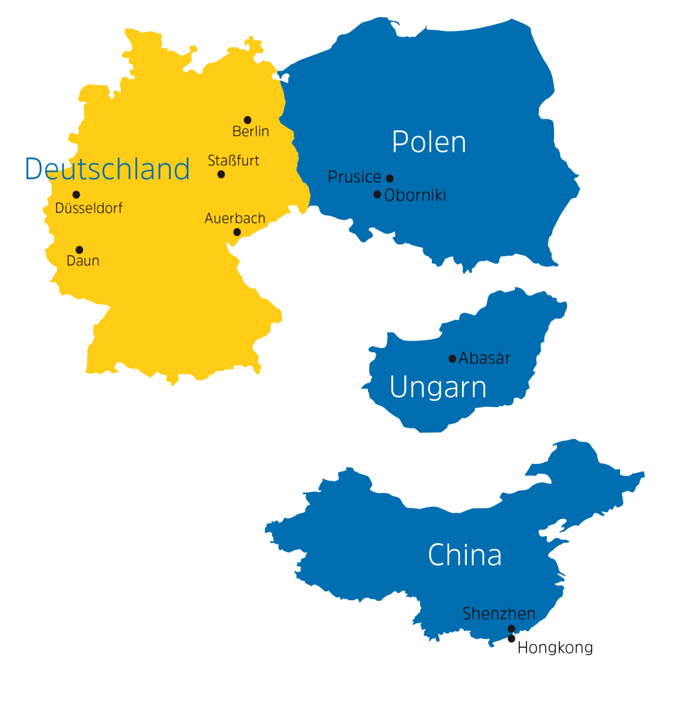 Karte zeigt Produktionsstandorte in. Deutschland, Polen, Ungarn und China