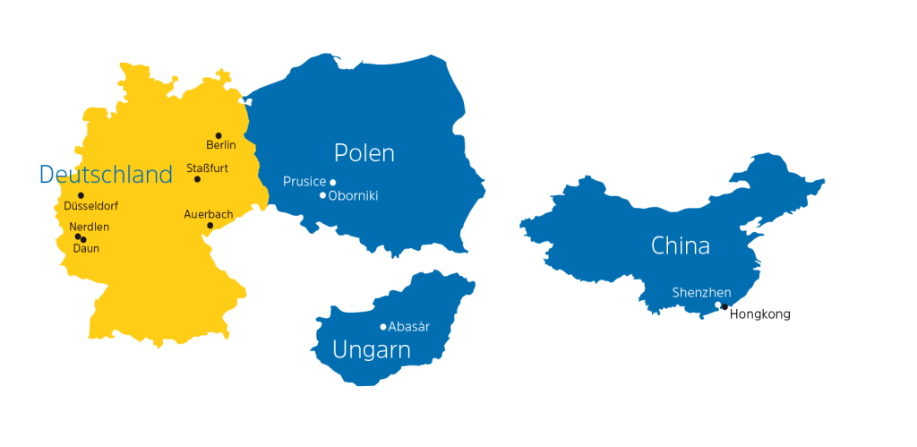 Karte zeigt Produktionsstandorte in. Deutschland, Polen, Ungarn und China