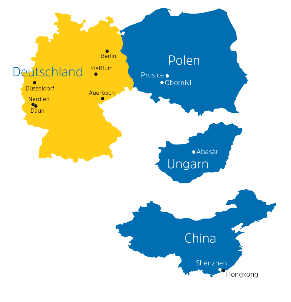 Karte zeigt Produktionsstandorte in. Deutschland, Polen, Ungarn und China